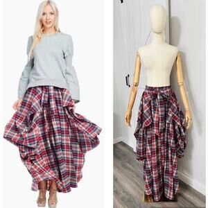 TOV HOLY The Damsel's Red Plaid Flannel Flowing Maxi Skirt Size 42 or Large